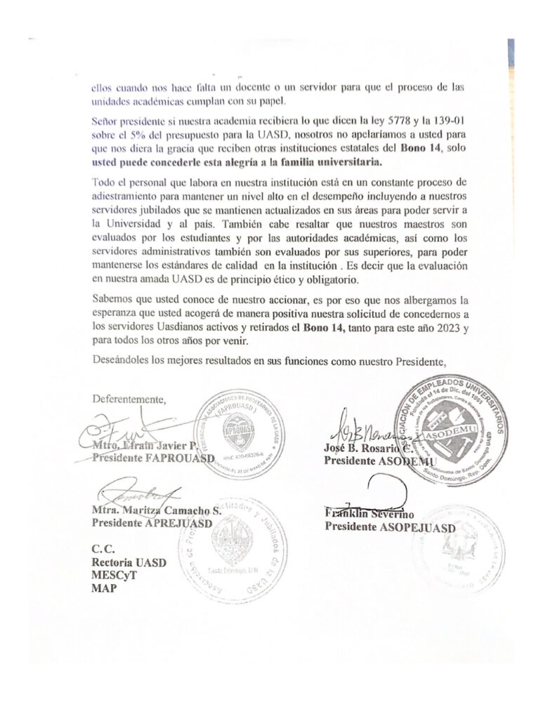 Gremios UASD: Carta al presidente Luis Abinader